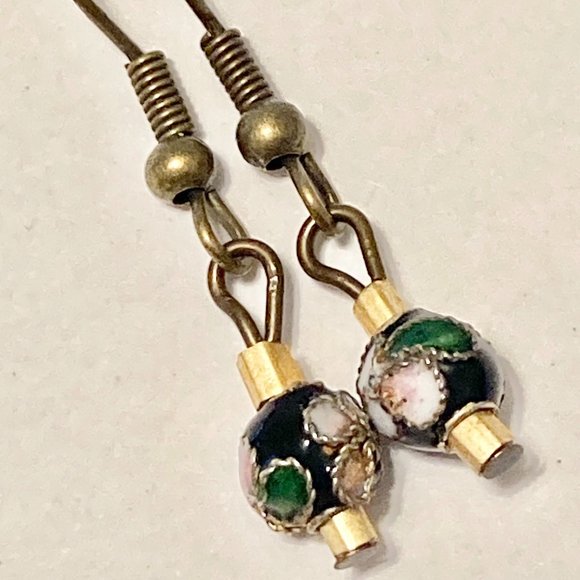 Vintage Cloisonne Bead Earrings Round Black Gold Tone Bronze Plated Dainty - Picture 8 of 13